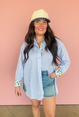 J.HOFFMAN'S Boyfriend Top- Blue Floral Trim