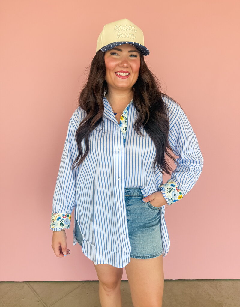 J.HOFFMAN'S Boyfriend Top- Blue Floral Trim