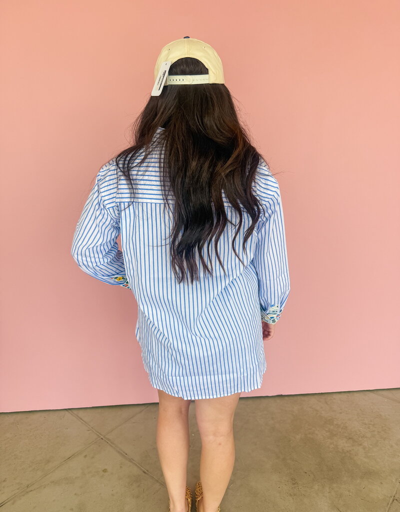 J.HOFFMAN'S Boyfriend Top- Blue Floral Trim