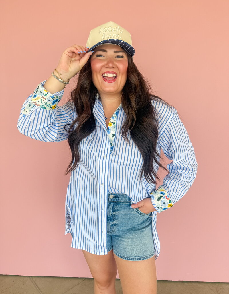 J.HOFFMAN'S Boyfriend Top- Blue Floral Trim