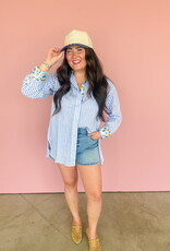 J.HOFFMAN'S Boyfriend Top- Blue Floral Trim