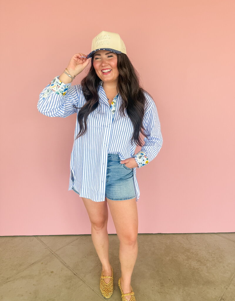 J.HOFFMAN'S Boyfriend Top- Blue Floral Trim