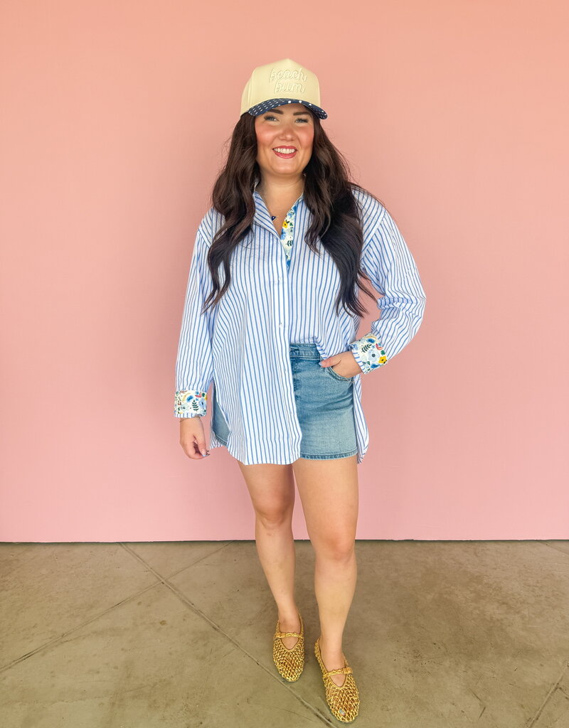 J.HOFFMAN'S Boyfriend Top- Blue Floral Trim