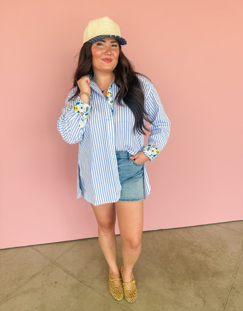 J.HOFFMAN'S Boyfriend Top- Blue Floral Trim