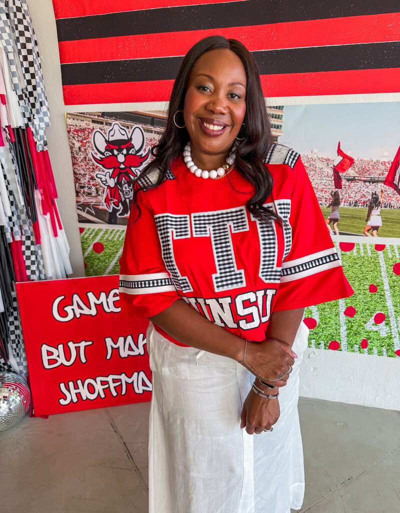 J.HOFFMAN'S Queen of Sparkles Texas Tech Gingham Jersey