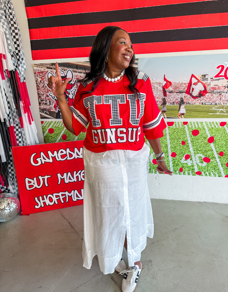 J.HOFFMAN'S Queen of Sparkles Texas Tech Gingham Jersey