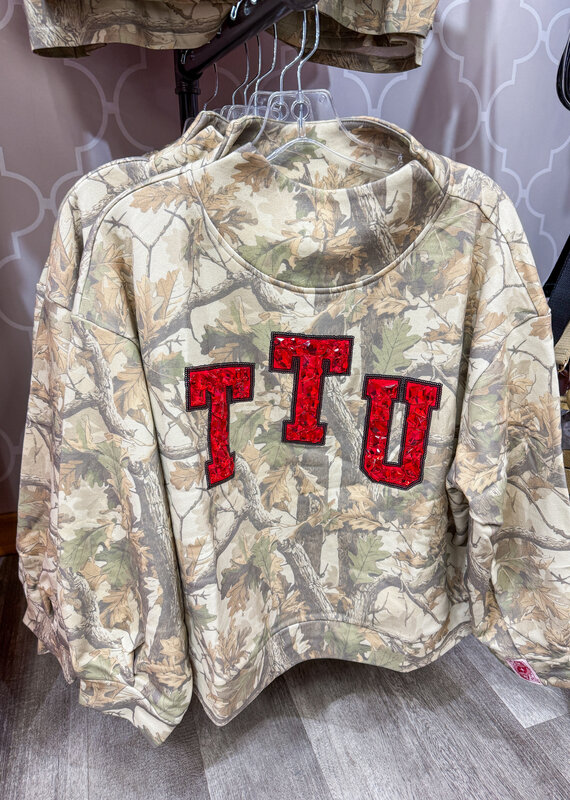 J.HOFFMAN'S Queen of Sparkles Texas Tech Camo Mockneck