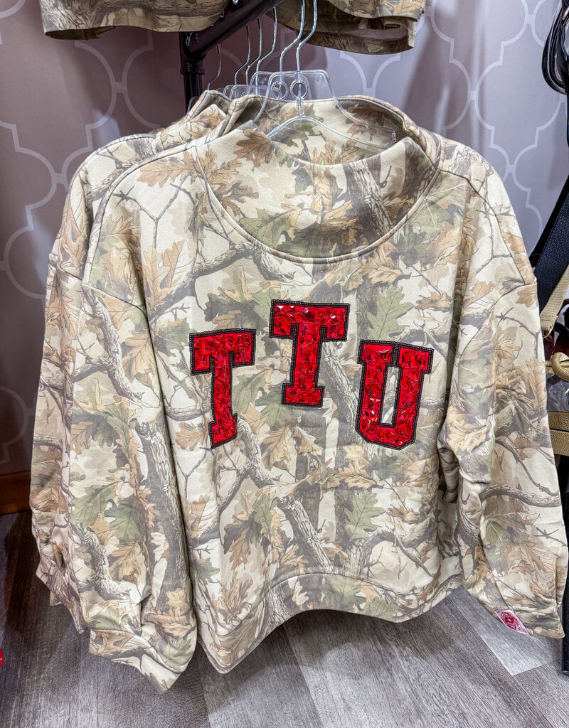 J.HOFFMAN'S Queen of Sparkles Texas Tech Camo Mockneck