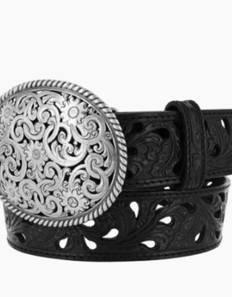 Pierced Filigree Trophy Belt in Black