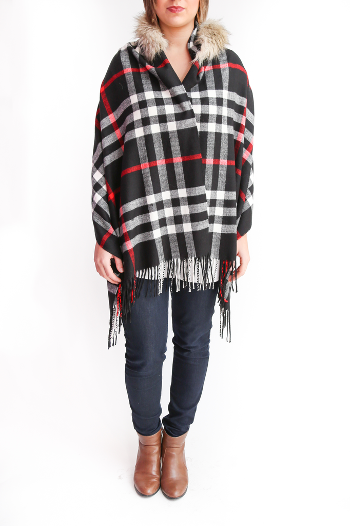 Wish Collection Wish Plaid Poncho, Black, sale item, Was $74