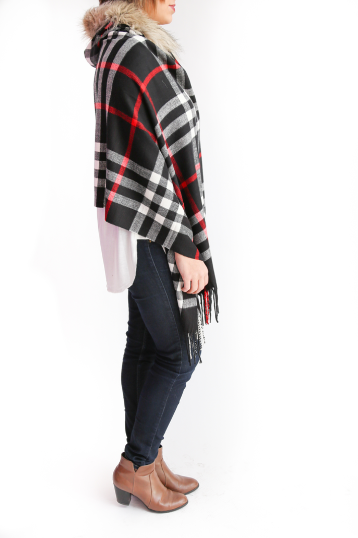 Wish Collection Wish Plaid Poncho, Black, sale item, Was $74