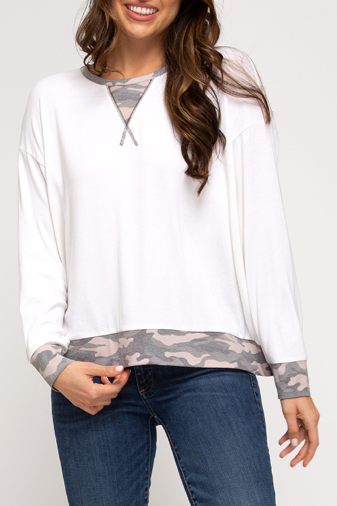 She & Sky Camo trim top
