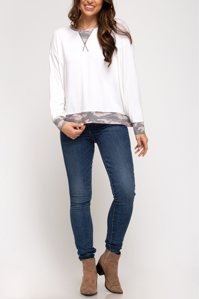She & Sky Camo trim top
