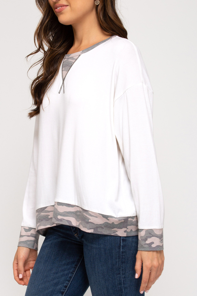 She & Sky Camo trim top