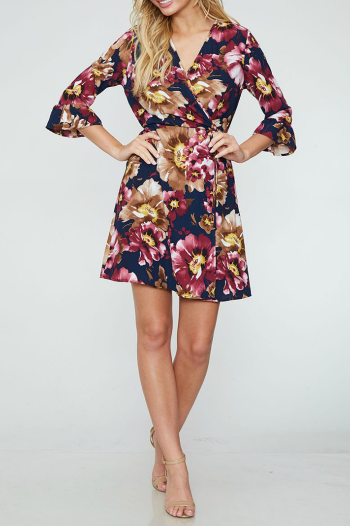 Peach Love CA Half Sleeve Floral Wrap Dress