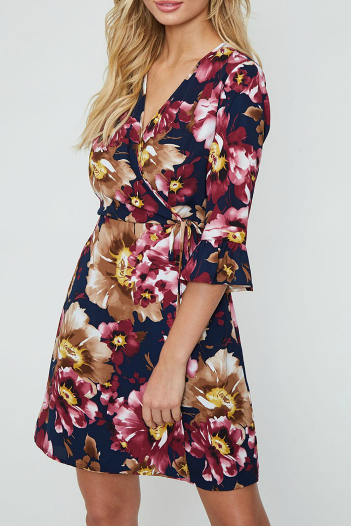 Peach Love CA Half Sleeve Floral Wrap Dress