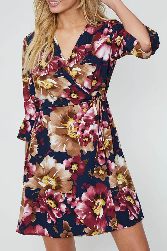 Peach Love CA Half Sleeve Floral Wrap Dress