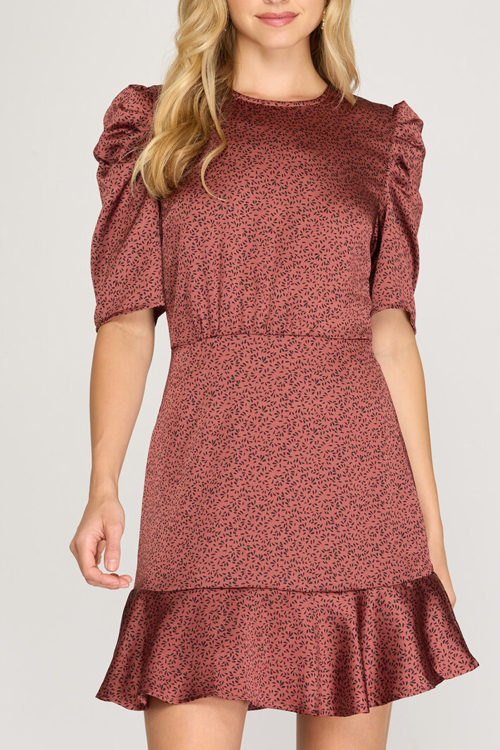 She & Sky Puff Sleeve Satin Dress