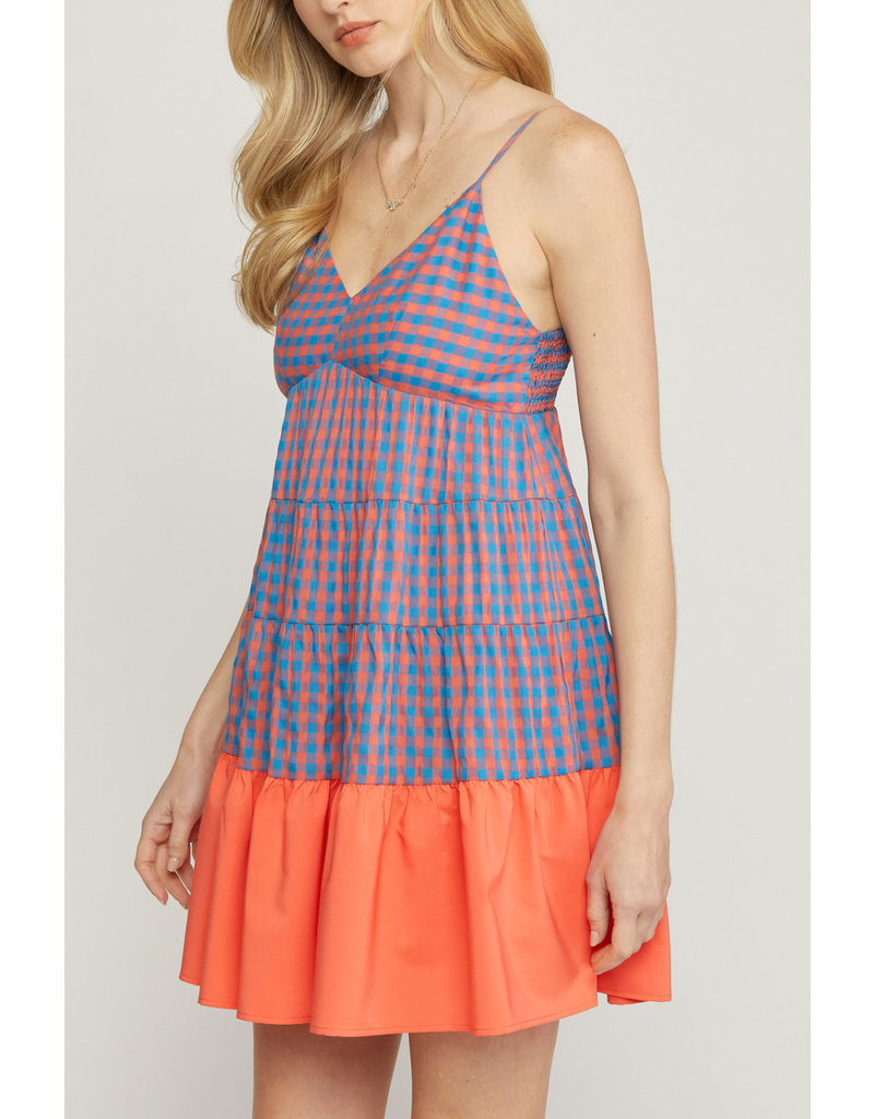 Entro Gingham print tiered dress