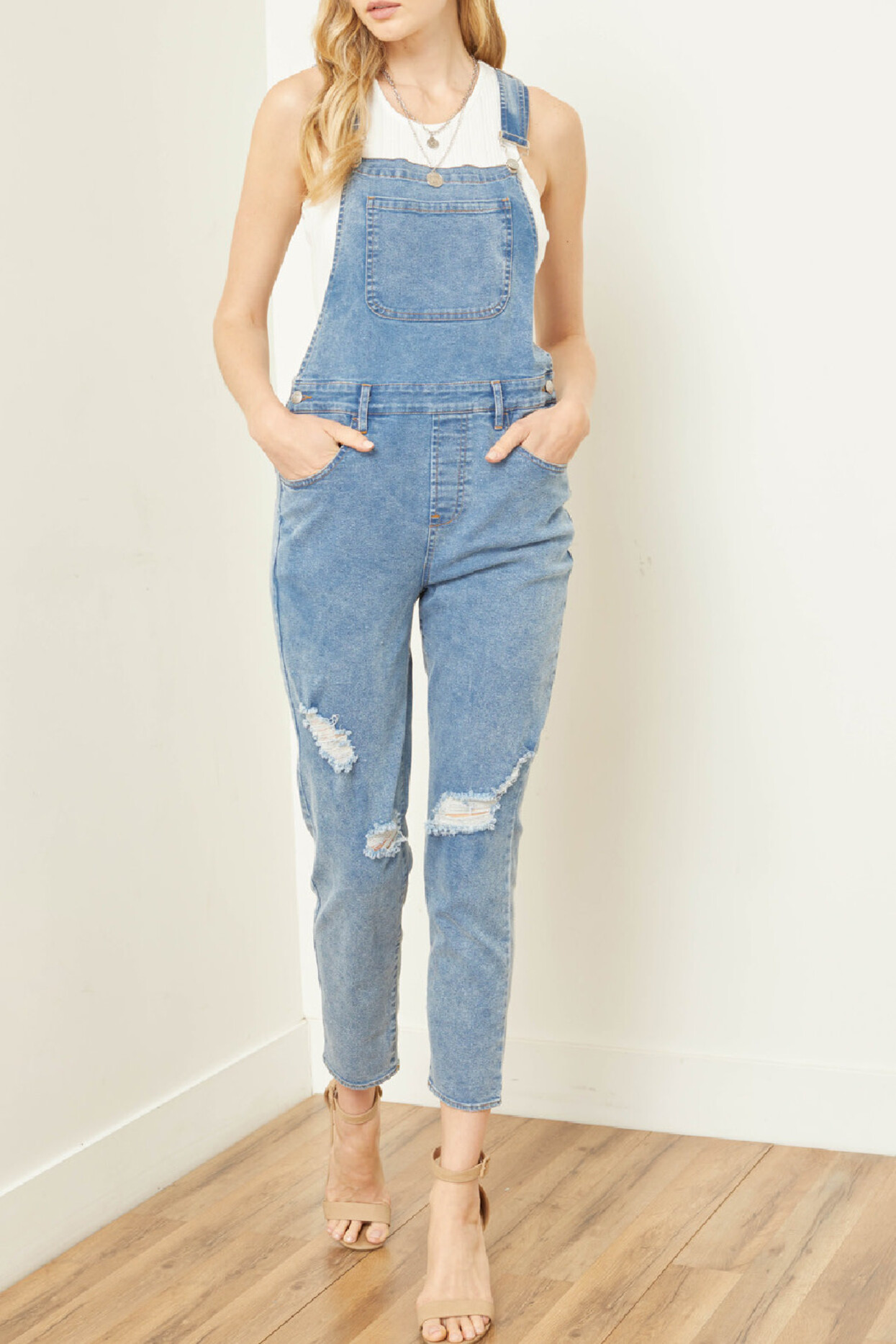 Distressed Wide Leg Denim Overalls