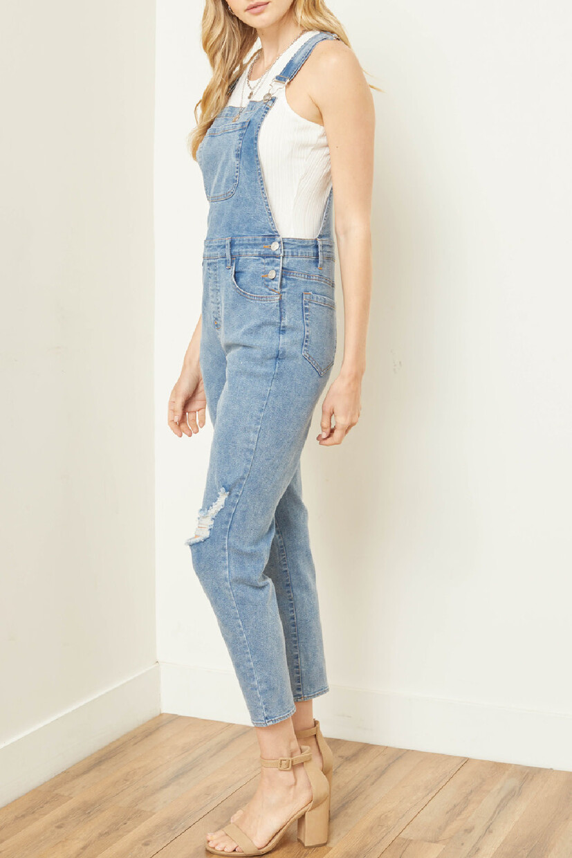 Distressed Wide Strap Denim Overalls main image 0