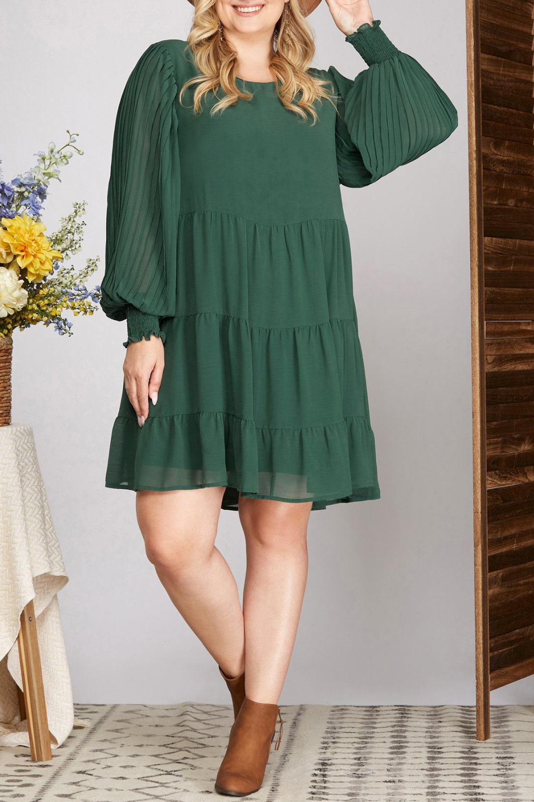She & Sky Pleat Sleeve Dress