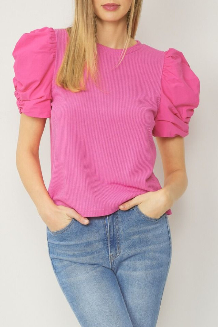 Entro Ribbed Puff Sleeve Top