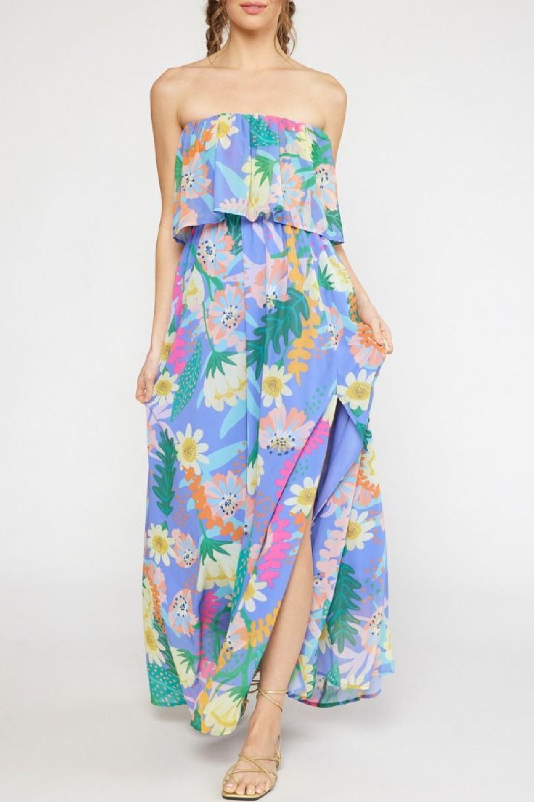 Entro Strapless tropical print dress