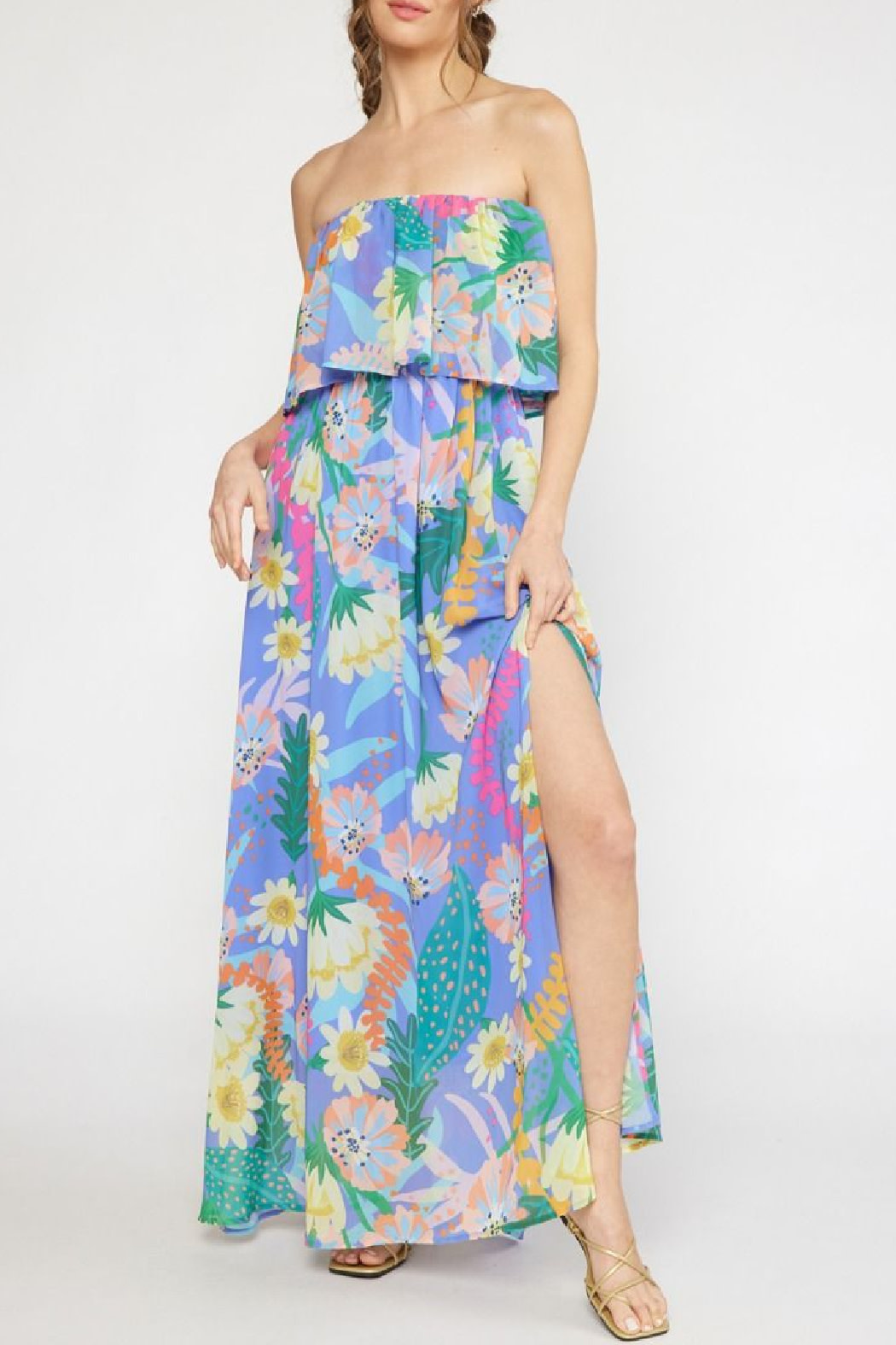 Entro Strapless tropical print dress