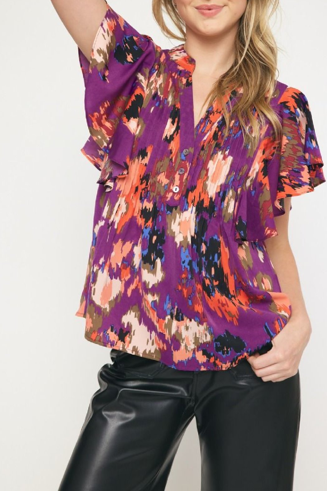 Entro Printed v-neck ruffle sleeve top