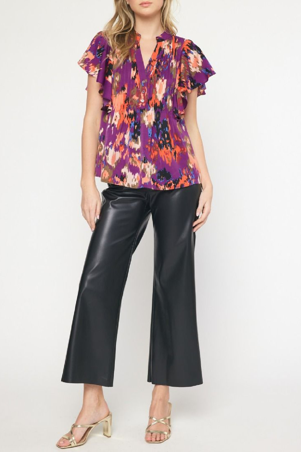 Entro Printed v-neck ruffle sleeve top