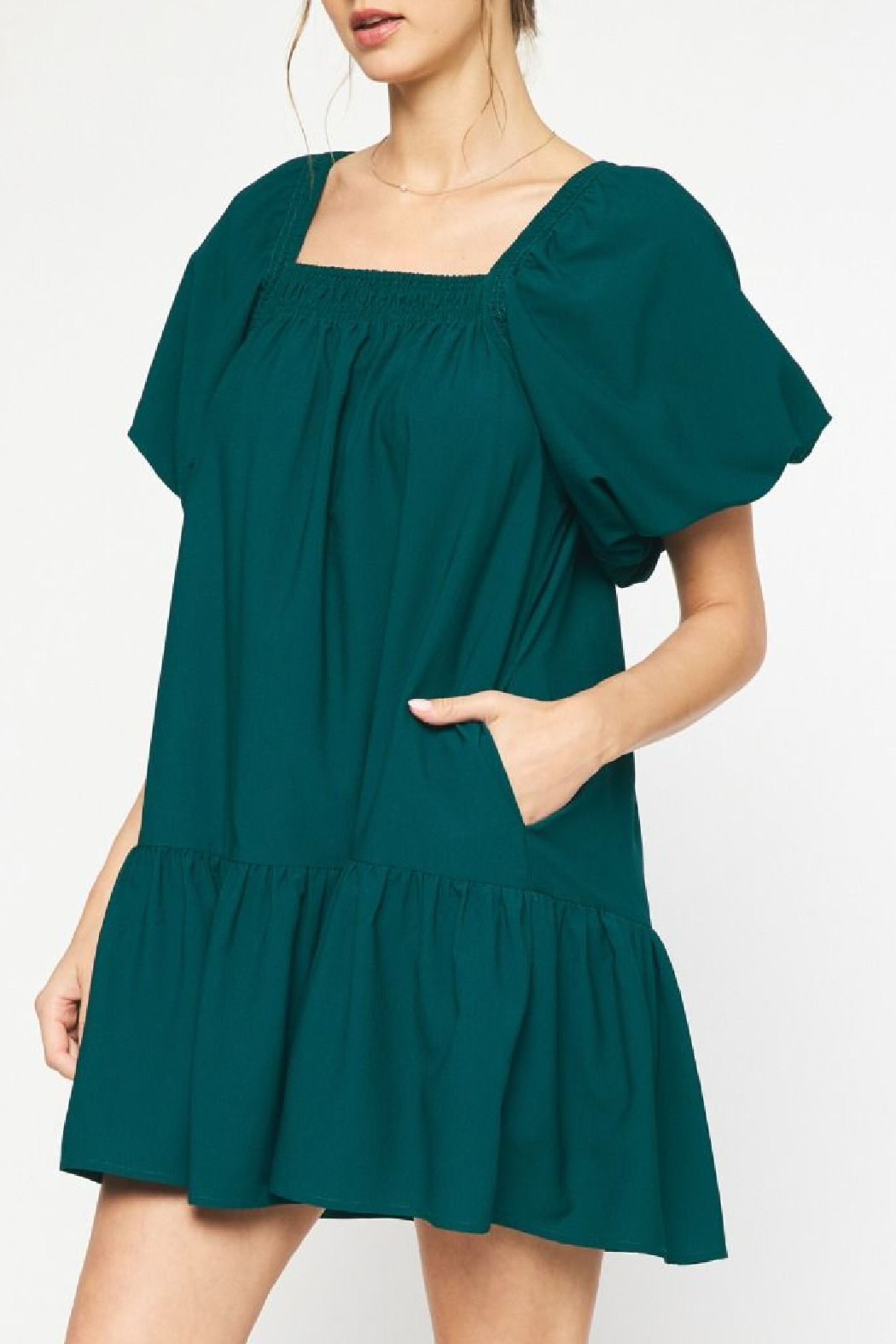 Bubble Sleeve Side Ruched Solid Knit Dress