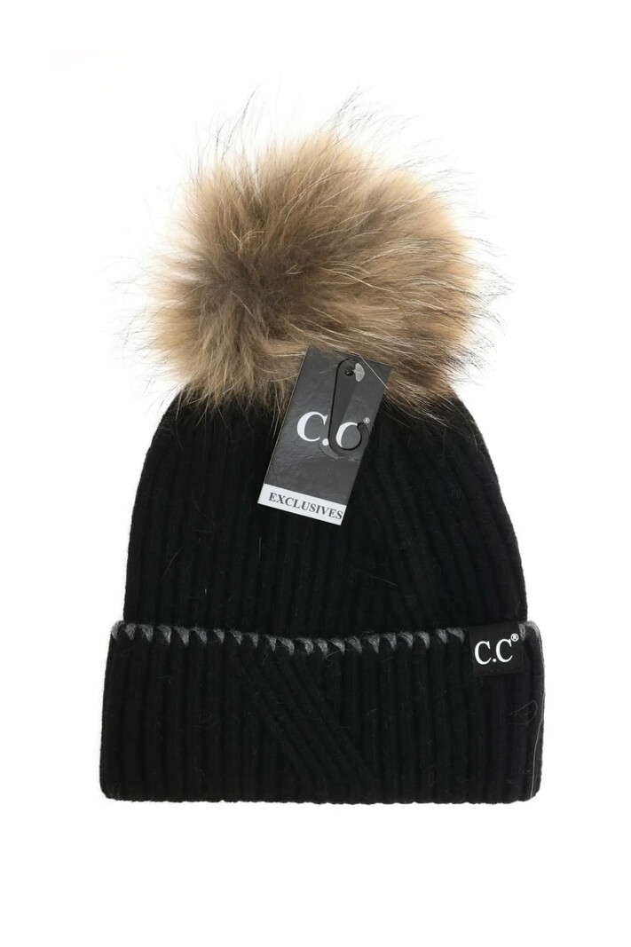 C.C. Contrast Stitch Hat w Pom