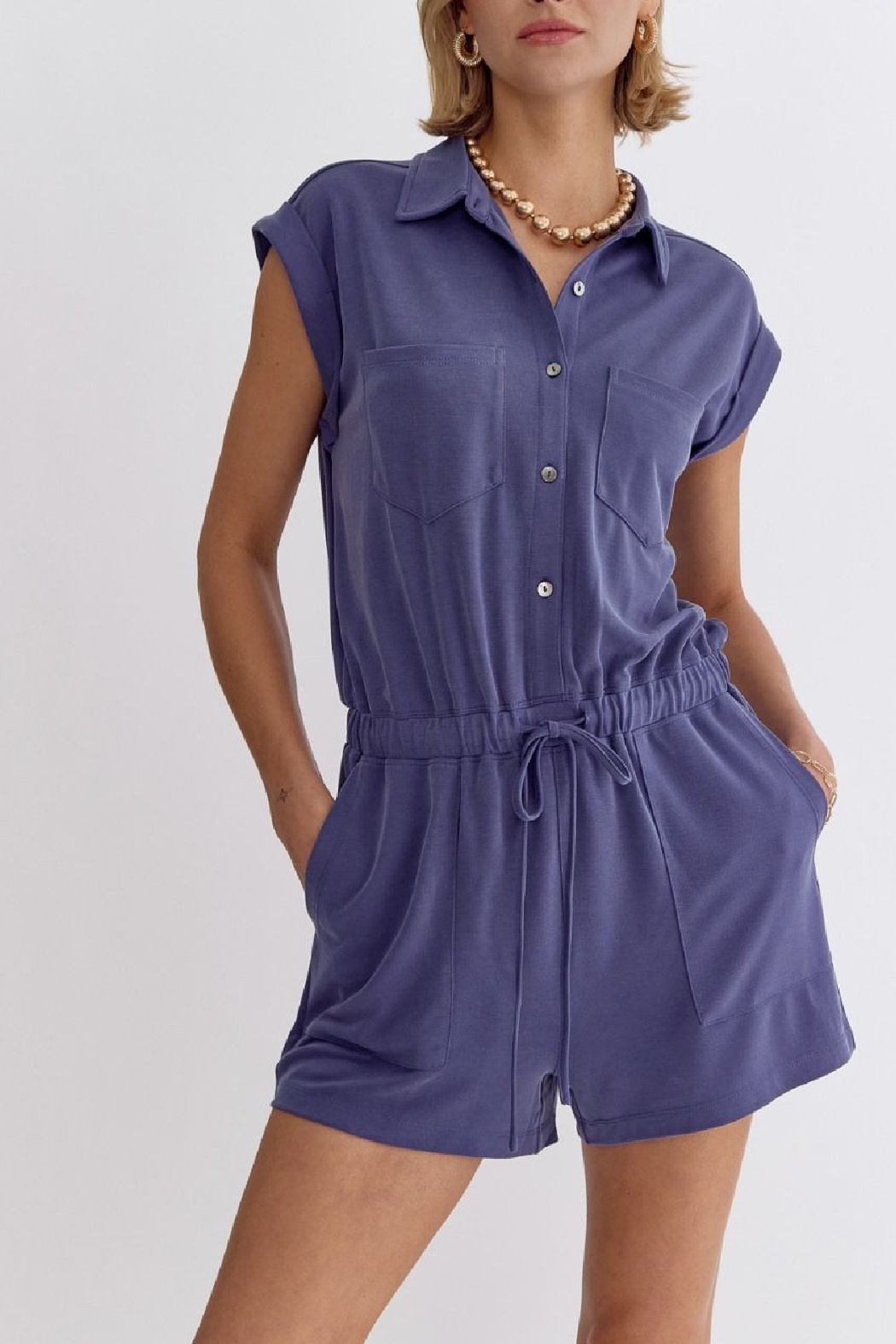 Entro Solid Drawstring Waist Romper