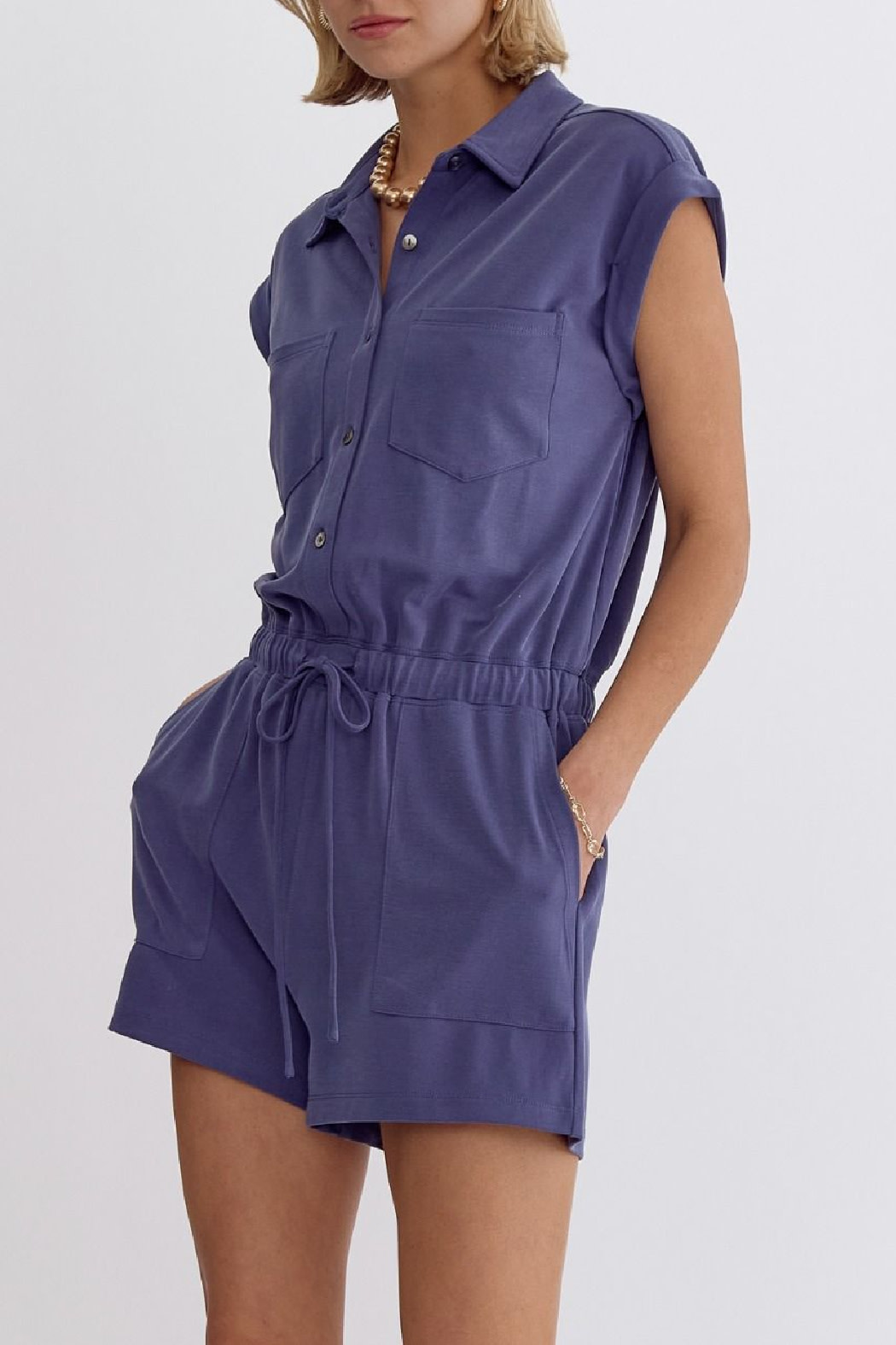 Entro Solid Drawstring Waist Romper