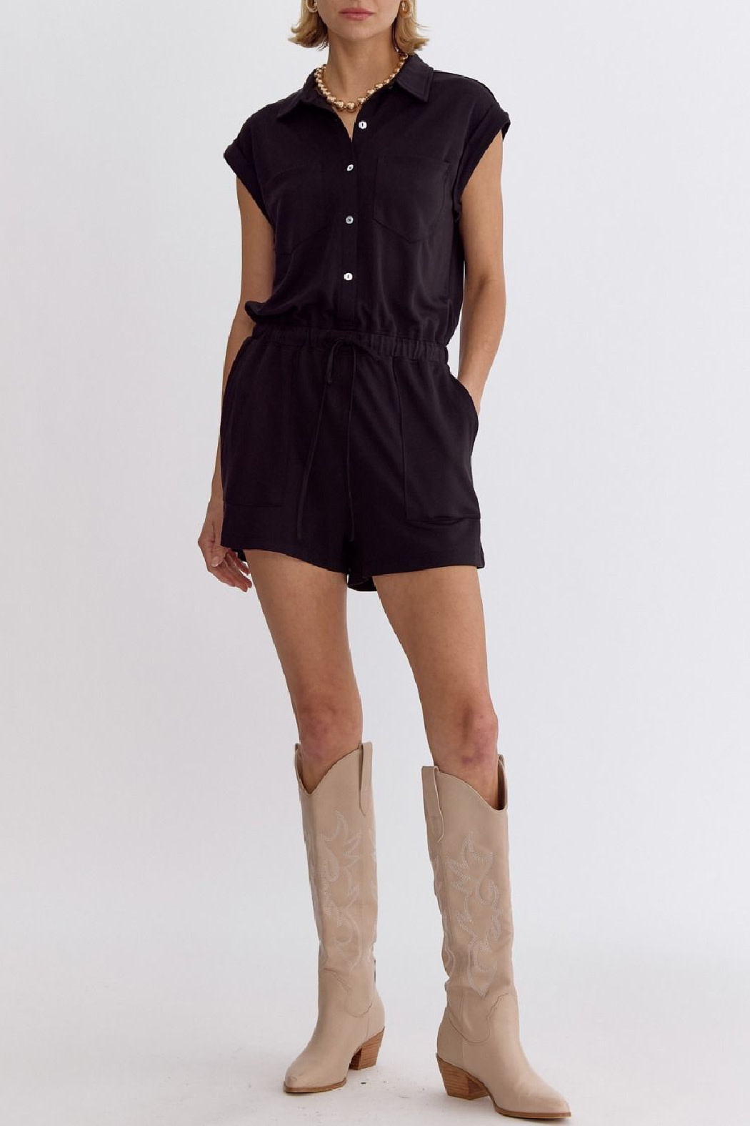Entro Solid Drawstring Waist Romper