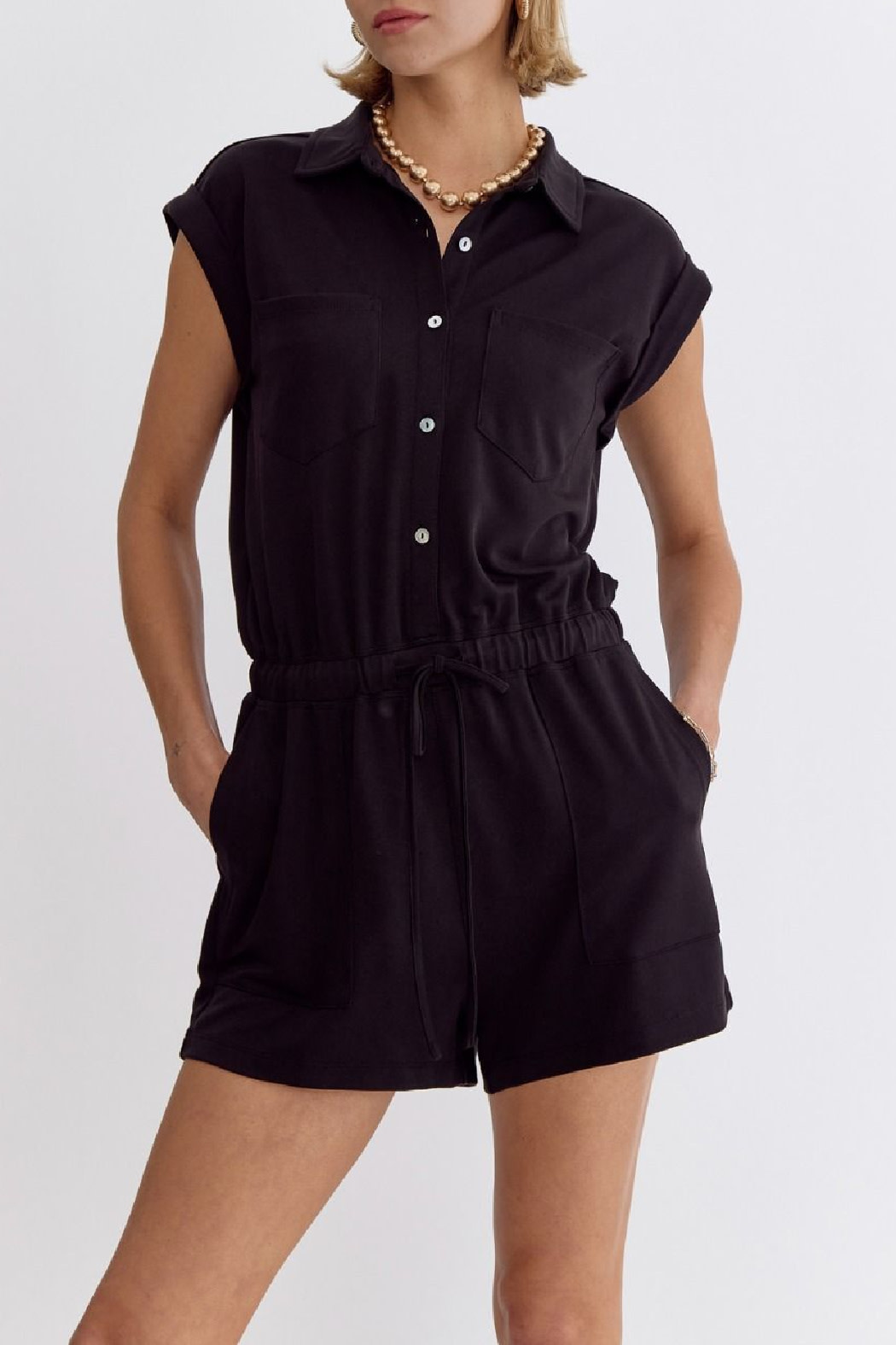 Entro Solid Drawstring Waist Romper