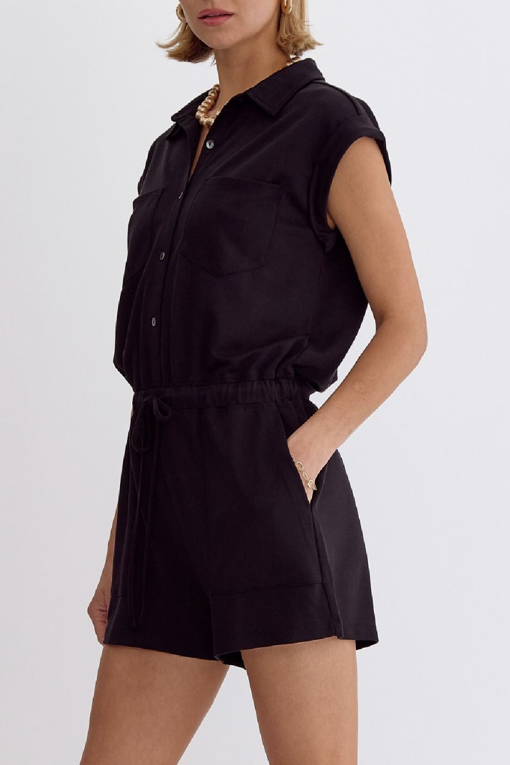 Entro Solid Drawstring Waist Romper