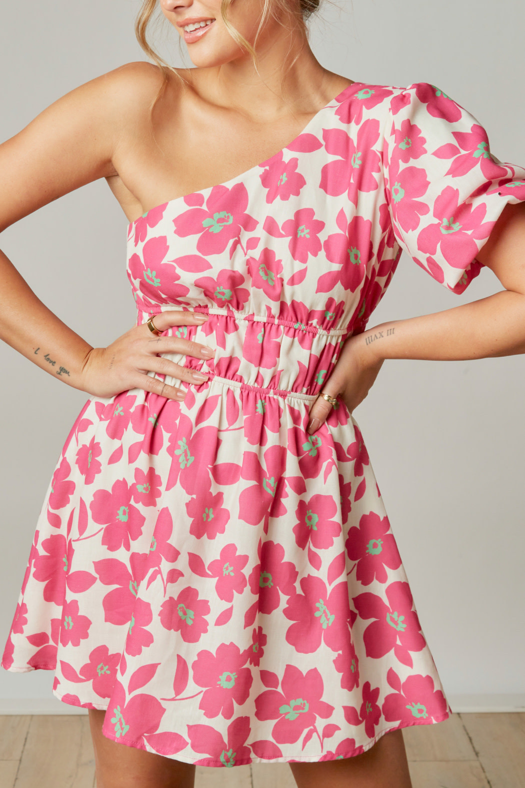 Peach Love CA Floral one shoulder dress