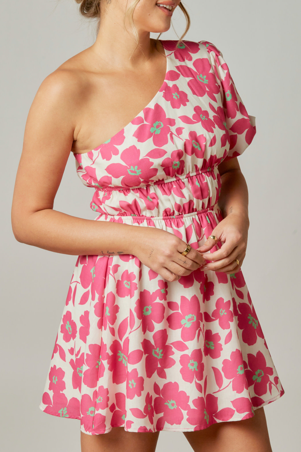 Peach Love CA Floral one shoulder dress