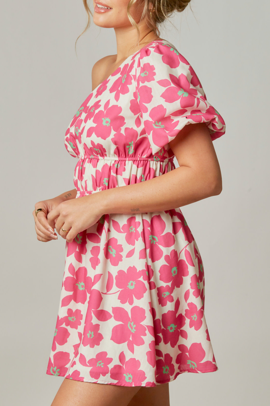 Peach Love CA Floral one shoulder dress