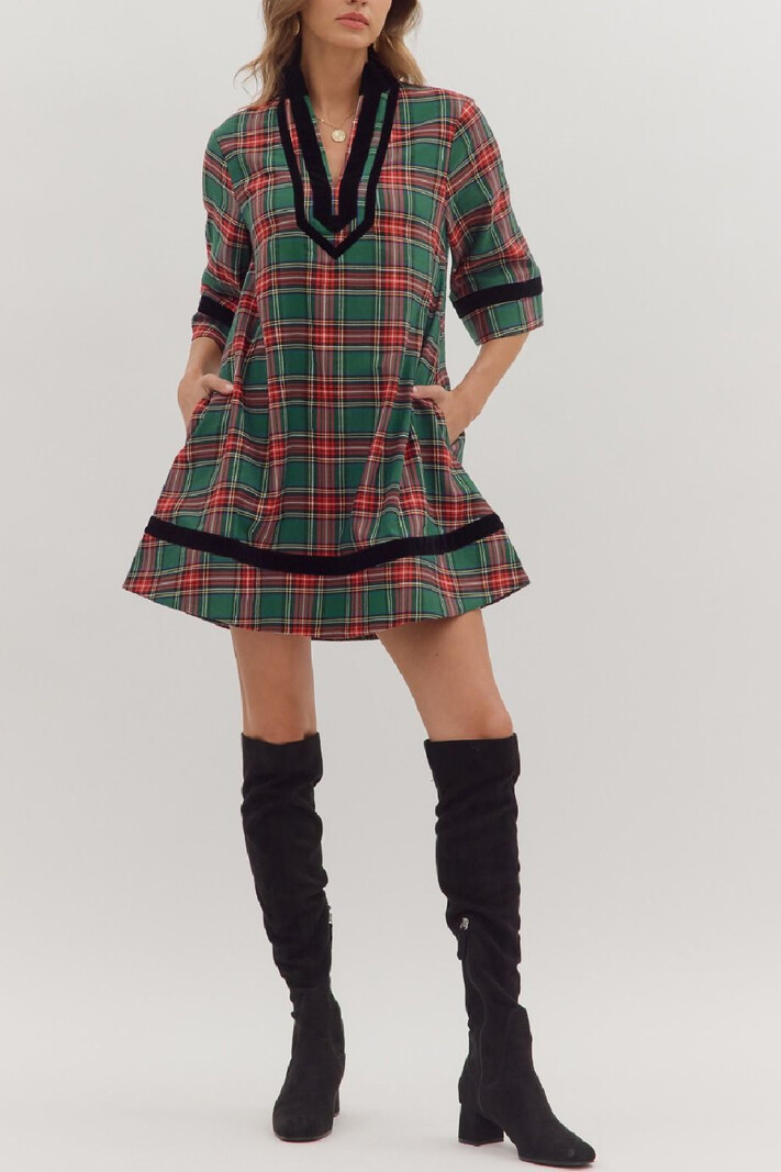 Entro Plaid velvet trim dress