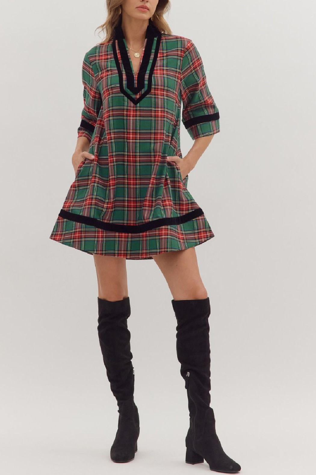 Entro Plaid velvet trim dress