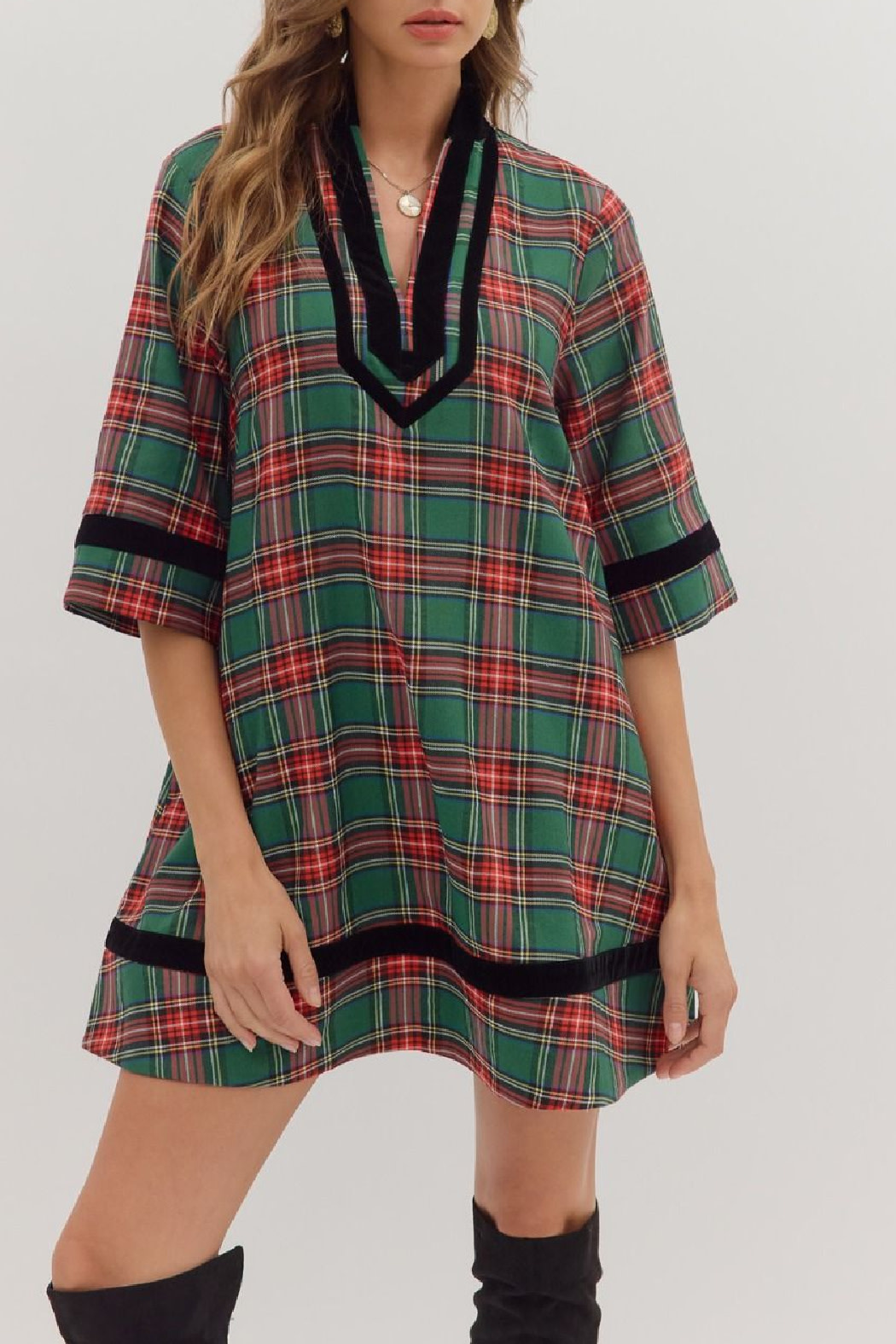 Entro Plaid velvet trim dress