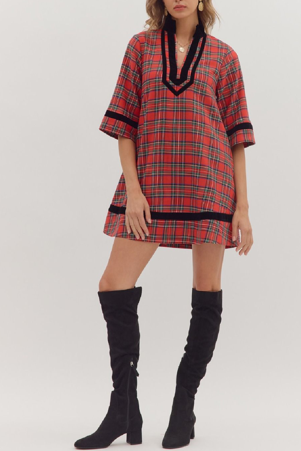 Entro Plaid velvet trim dress