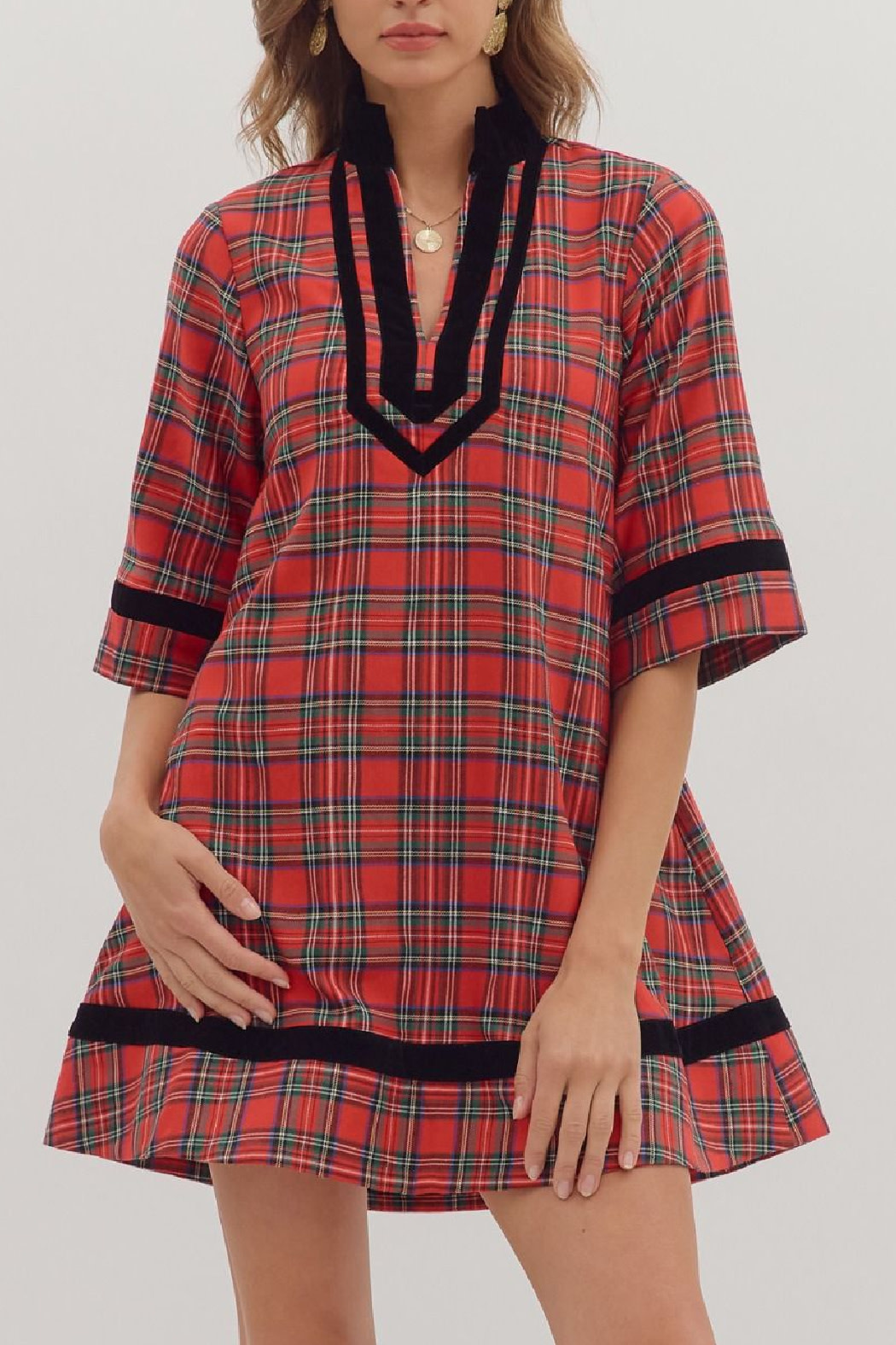 Entro Plaid velvet trim dress