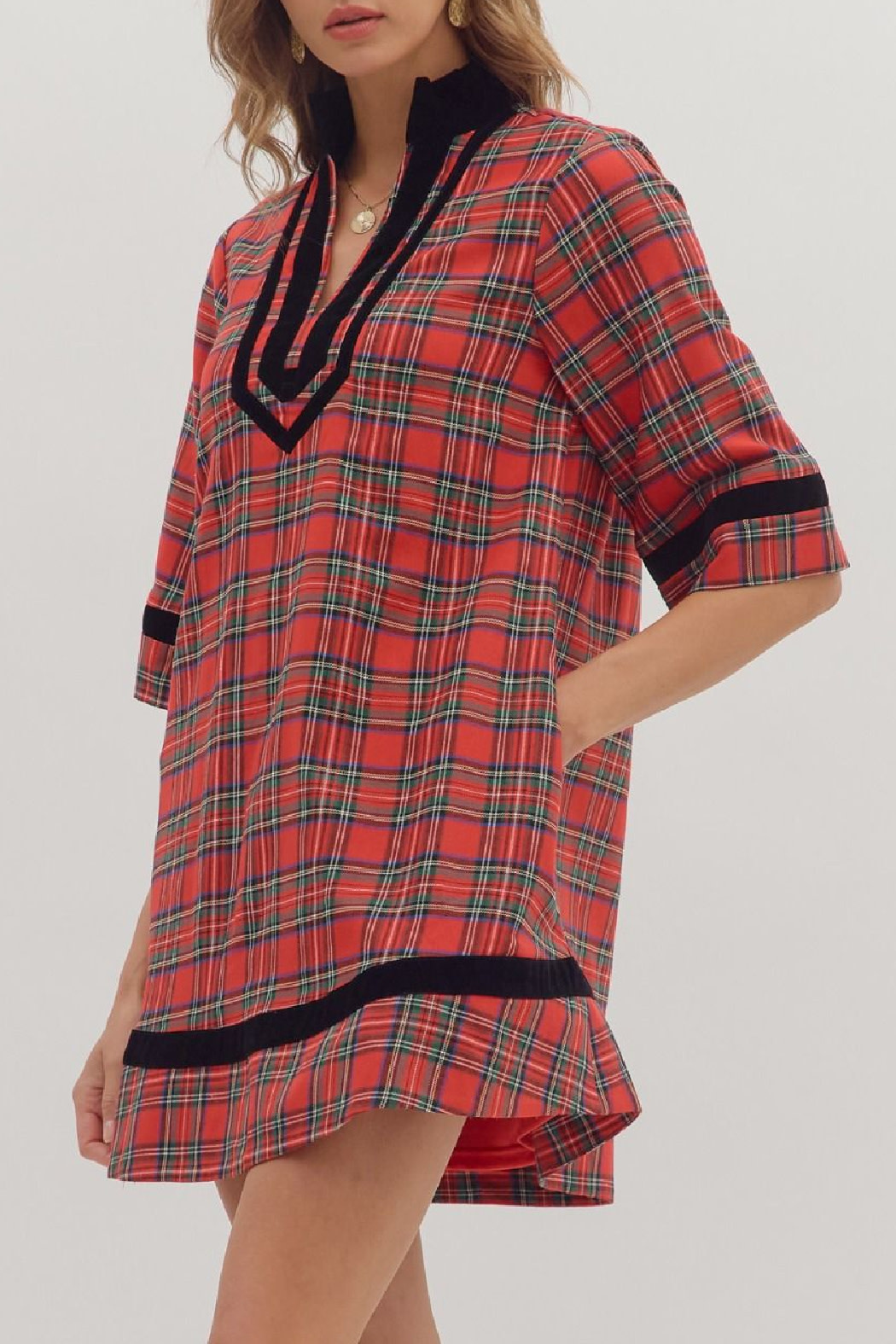 Entro Plaid velvet trim dress