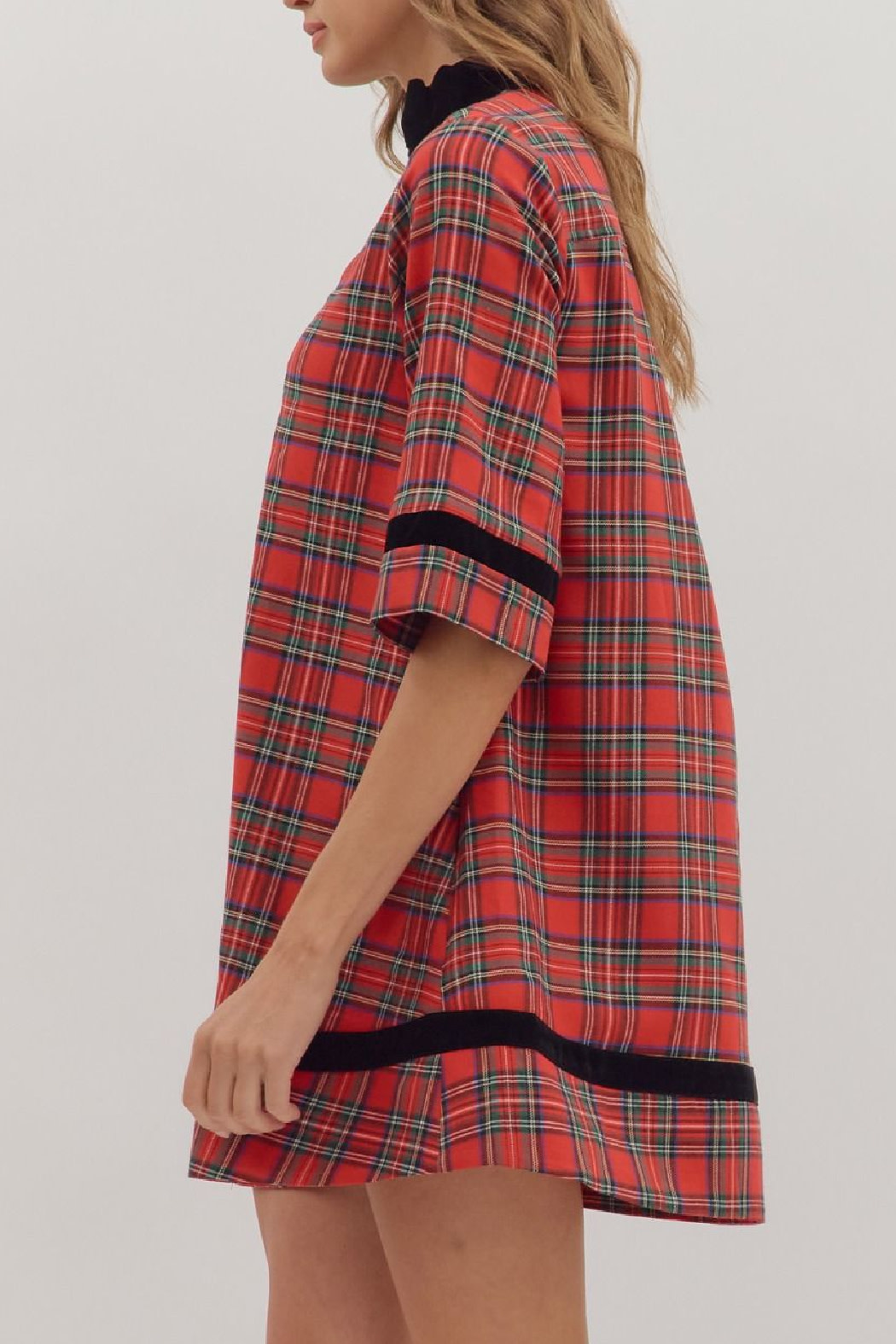 Entro Plaid velvet trim dress