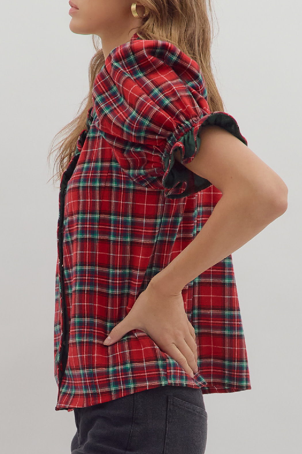 Entro Ruffle trim plaid shirt