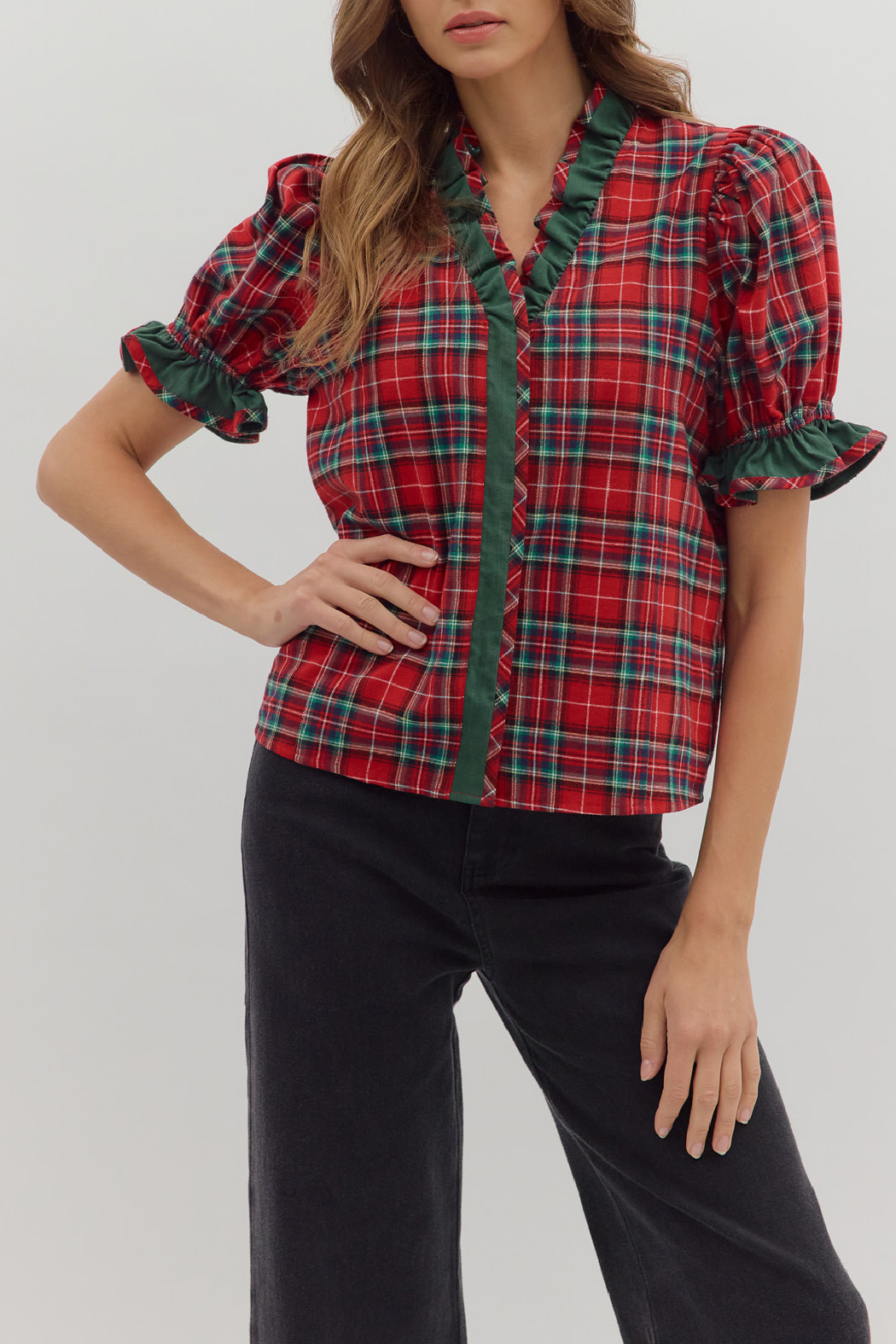 Entro Ruffle trim plaid shirt